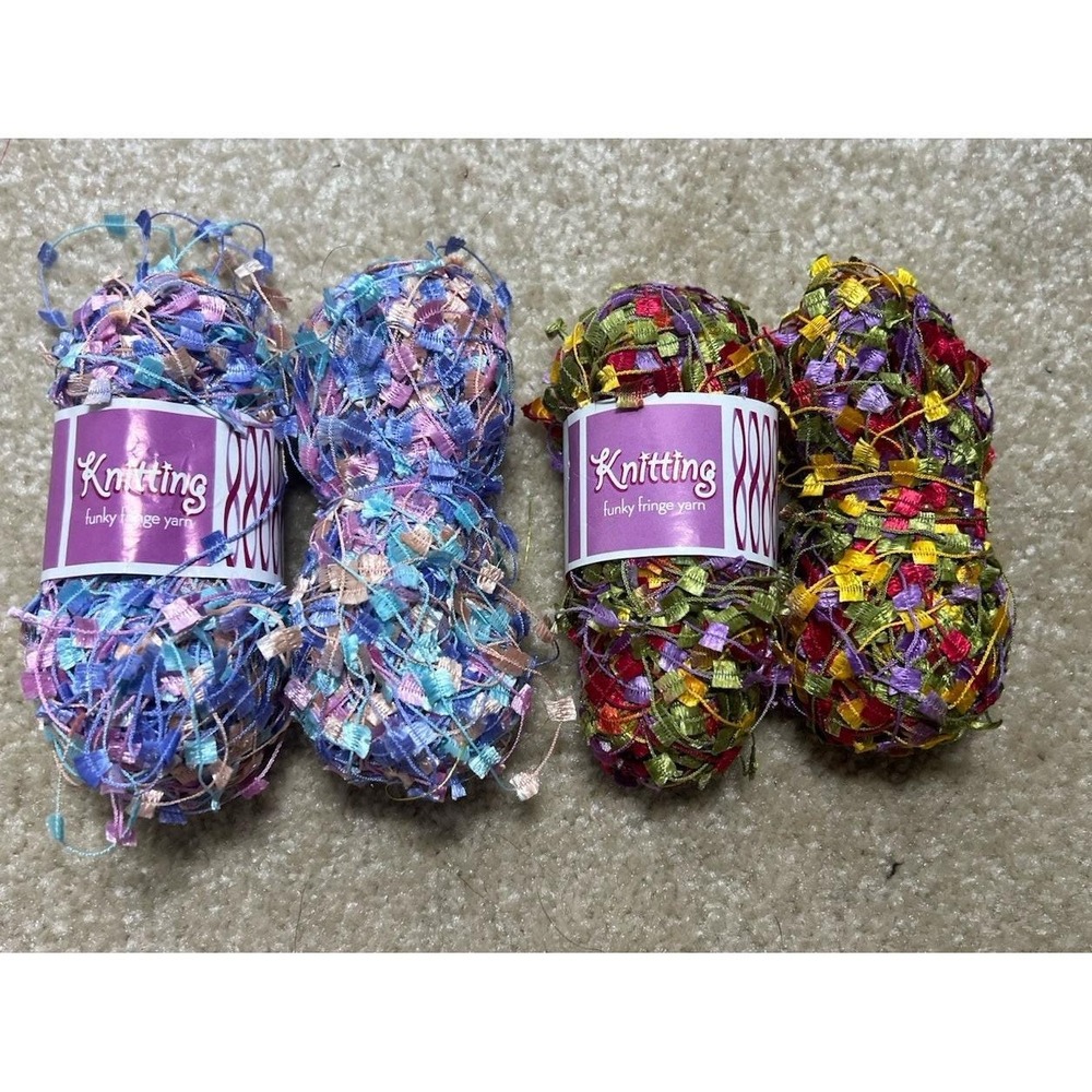 4 Skein LOT Knitting Funky Fringe Yarn - Purple/Blue/Orange & Green/Yellow/Pink